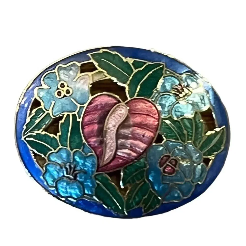 Vtg Gold Tone Cloisonne Tropical Arthurium Flowers Floral Brooch Pin 2” Filigree